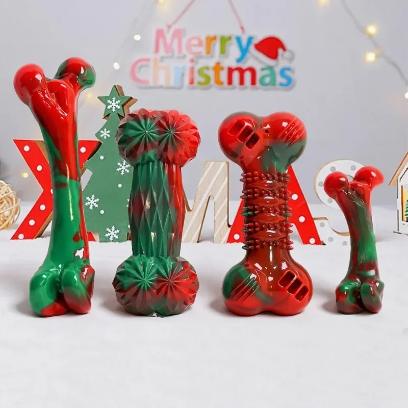 Teeth Cleaning Dog Chew Bone - Christmas Color TPR Bone Dog Chew